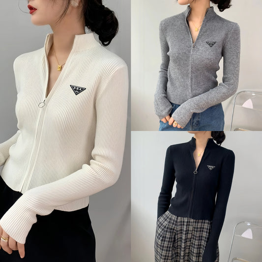 Women's Tops Slim Fit Knit Cardigan With Zippers