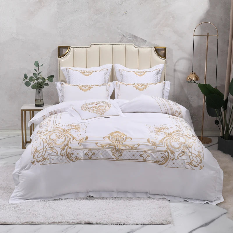 The Grand Marquise White and Gold Duvet Cover Set (Long-staple Sateen Cotton)