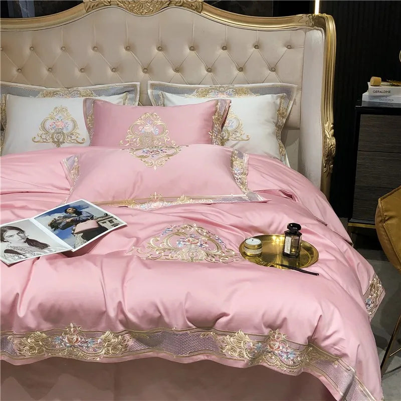Pink Palace Embroidered Duvet Cover Set (Long-staple Sateen Cotton)