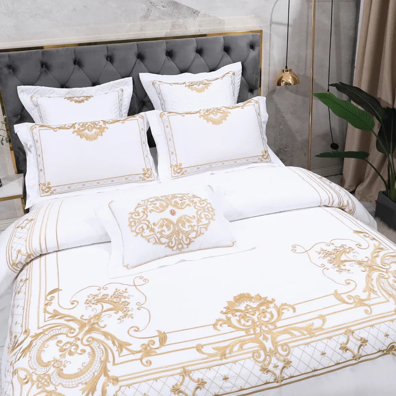The Grand Marquise White and Gold Duvet Cover Set (Long-staple Sateen Cotton)