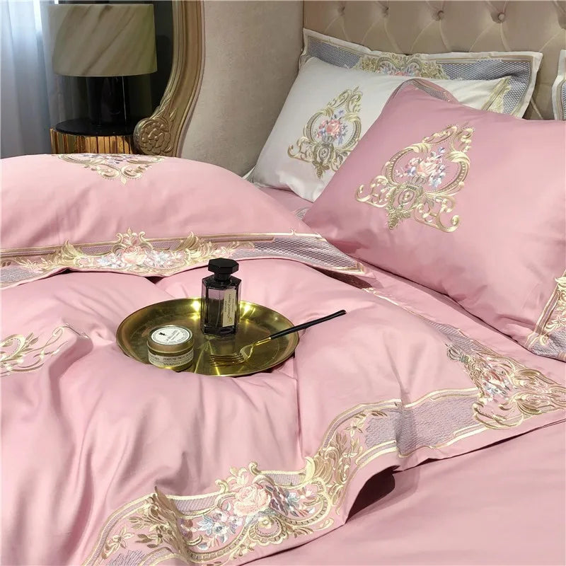 Pink Palace Embroidered Duvet Cover Set (Long-staple Sateen Cotton)