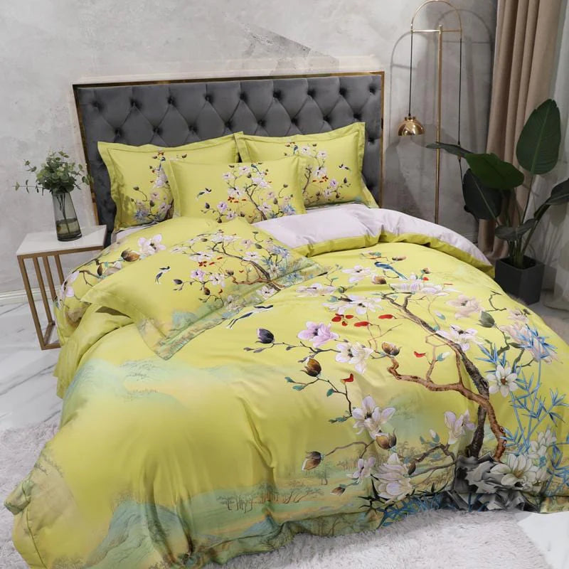 Magnolia Bloom Lime Green Duvet Cover Set (Long-staple Sateen Cotton)