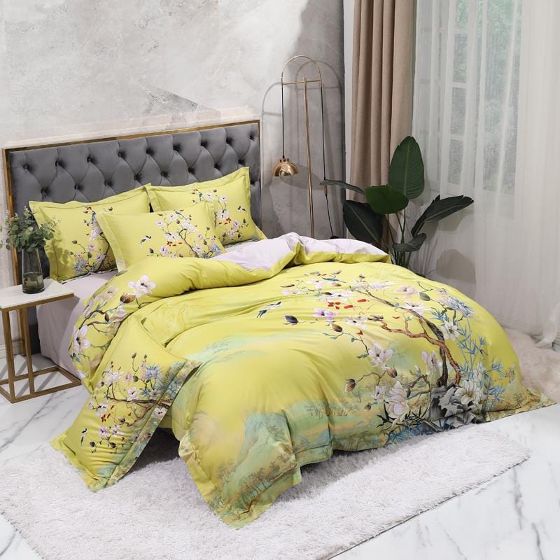 Magnolia Bloom Lime Green Duvet Cover Set (Long-staple Sateen Cotton)