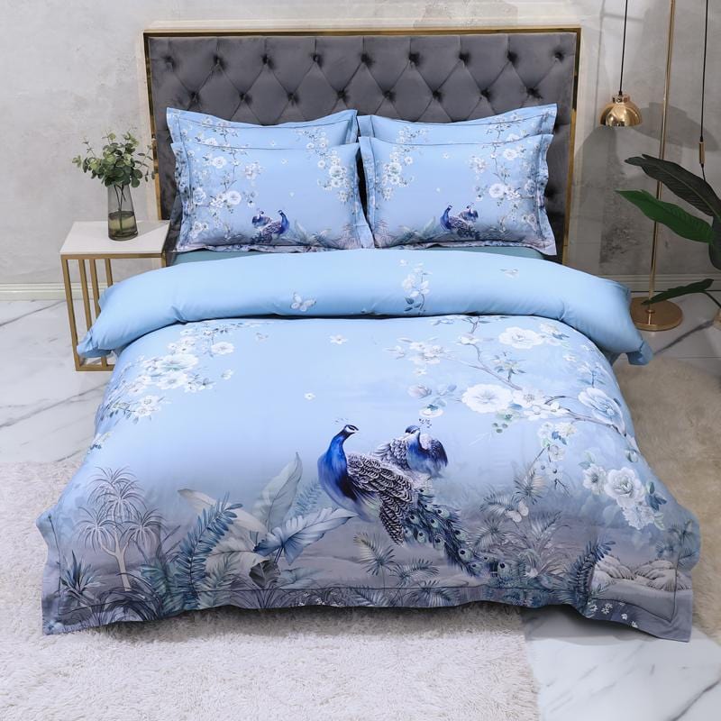Azure Blossom & Peacock Whisper Duvet Cover Set (Long-staple Sateen Cotton)