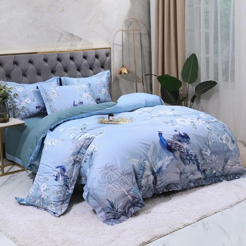 Azure Blossom & Peacock Whisper Duvet Cover Set (Long-staple Sateen Cotton)