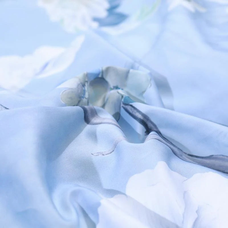Azure Blossom & Peacock Whisper Duvet Cover Set (Long-staple Sateen Cotton)