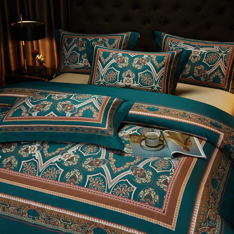 Arabesque Nocturne Deep Teal Duvet Cover Set (Long-Staple Sateen Cotton)
