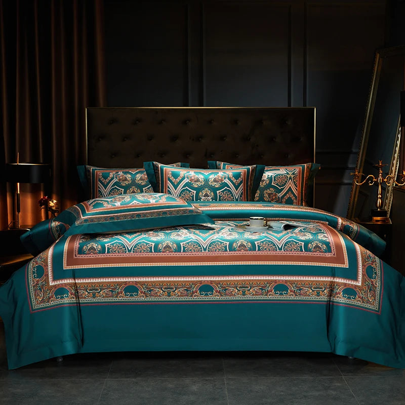 Arabesque Nocturne Deep Teal Duvet Cover Set (Long-Staple Sateen Cotton)