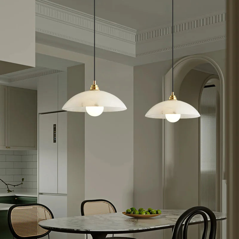 The Seraphina Luxe Pendant — Carved Marble with Vintage Brass Suspension