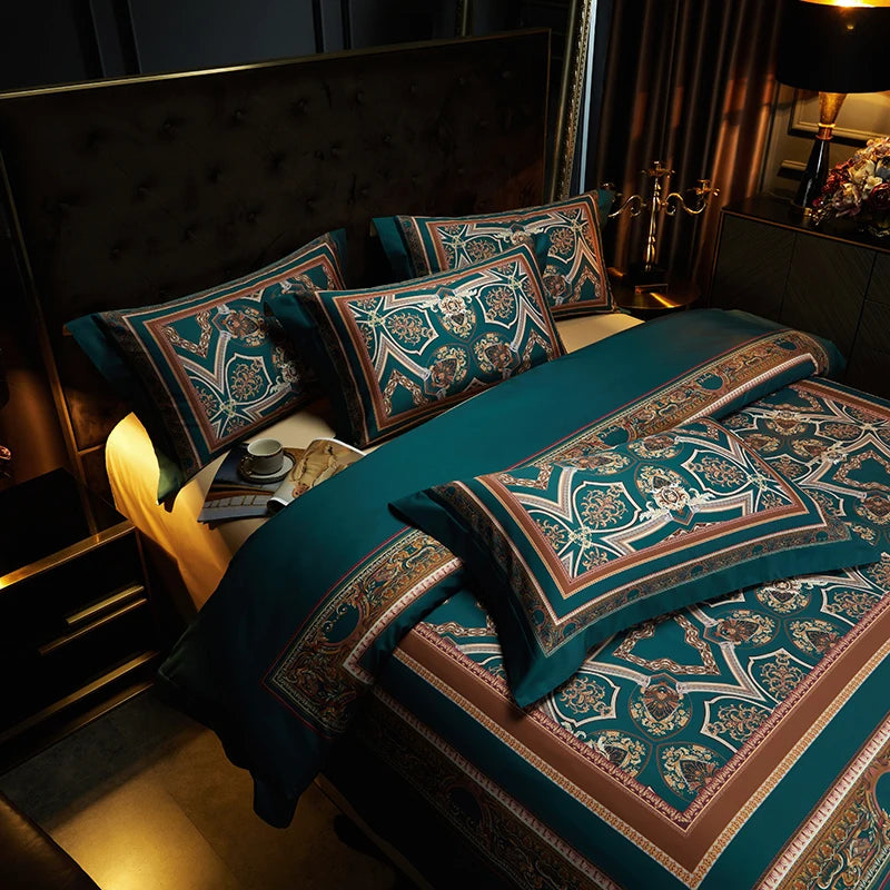 Arabesque Nocturne Deep Teal Duvet Cover Set (Long-Staple Sateen Cotton)