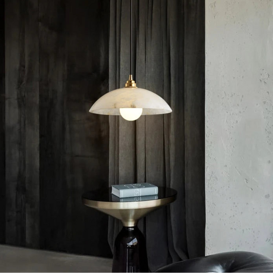 The Seraphina Luxe Pendant — Carved Marble with Vintage Brass Suspension