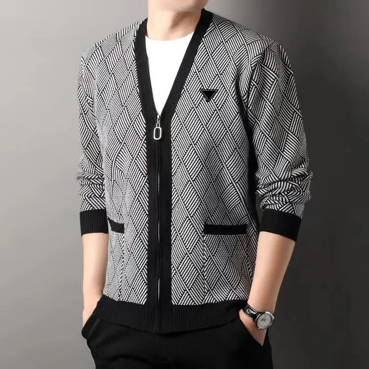 Designer Sweater Mens Embroidered Jacquard Cardigan