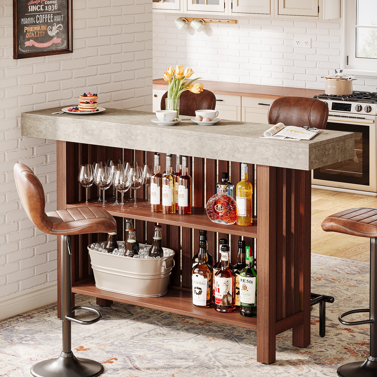 Concrete-Top Mini Bar Table with Shelves US