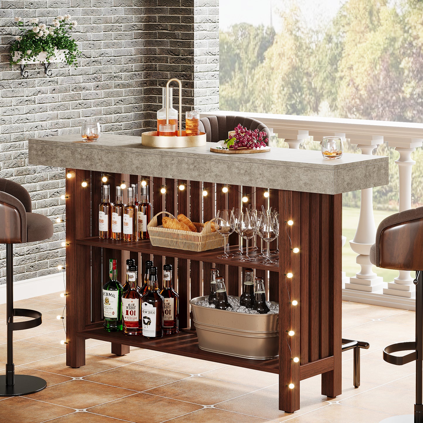 Concrete-Top Mini Bar Table with Shelves US