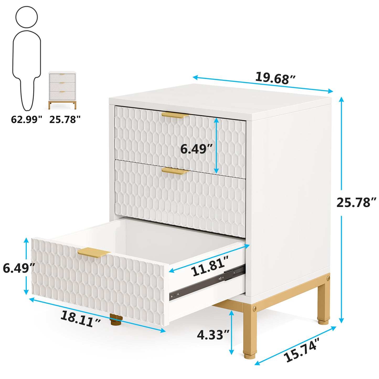 Honeycomb 3 Drawer Modern Bedside Table US