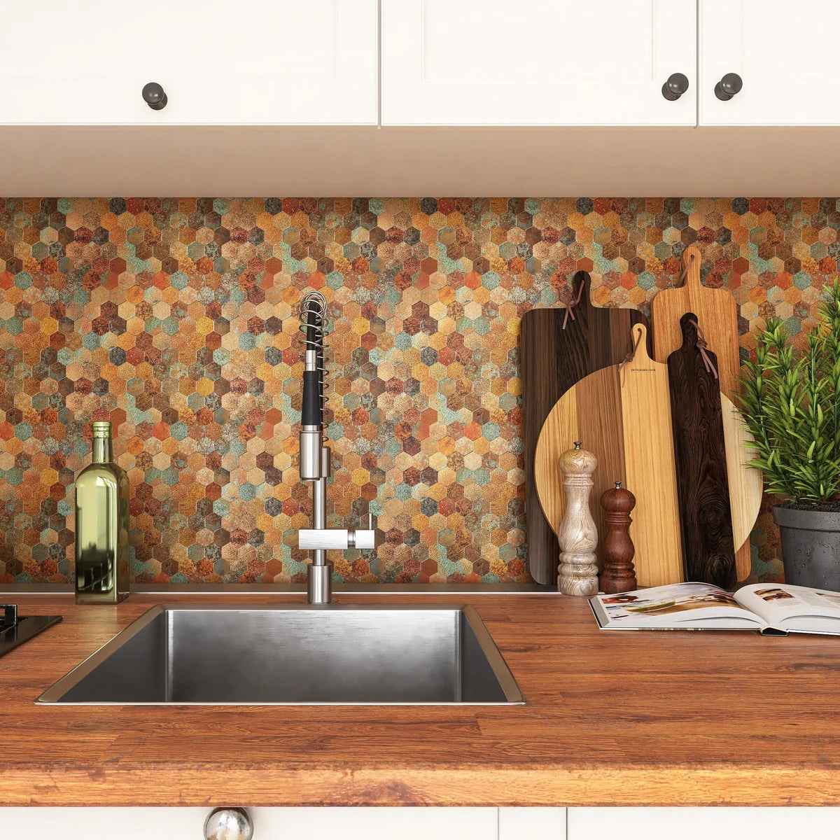 Aged Bronze Hex Mosaic Wall Panel – Peel & Stick (Set of 22)