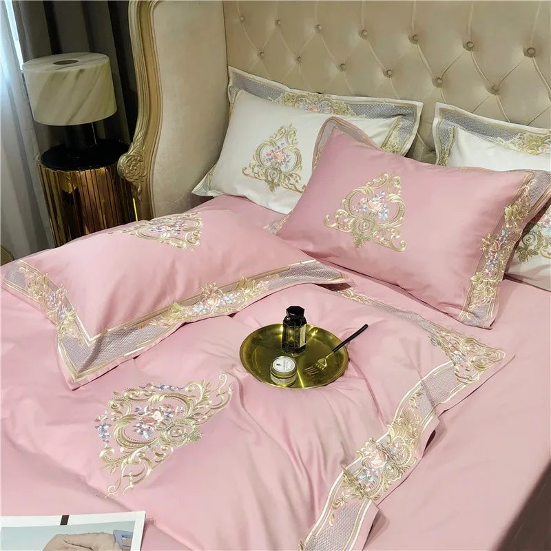 Pink Palace Embroidered Duvet Cover Set (Long-staple Sateen Cotton)