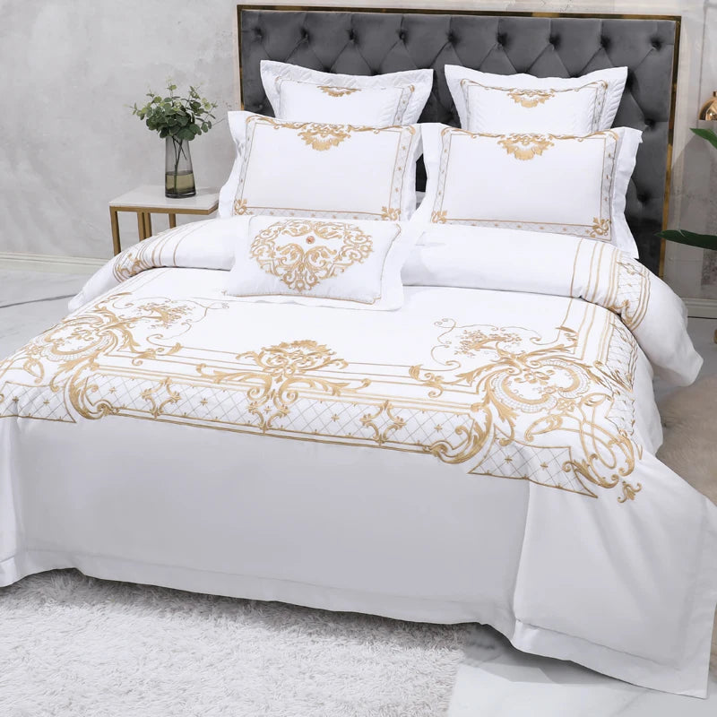 The Grand Marquise White and Gold Duvet Cover Set (Long-staple Sateen Cotton)