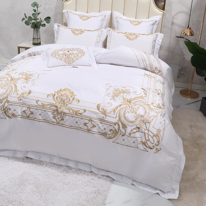 The Grand Marquise White and Gold Duvet Cover Set (Long-staple Sateen Cotton)