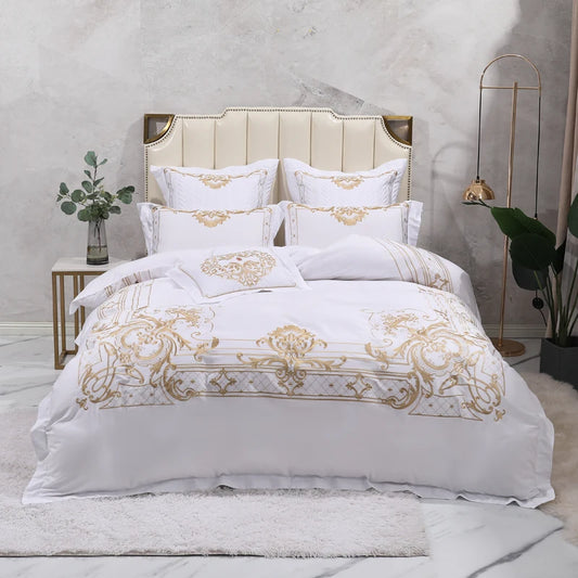 The Grand Marquise White and Gold Duvet Cover Set (Long-staple Sateen Cotton)