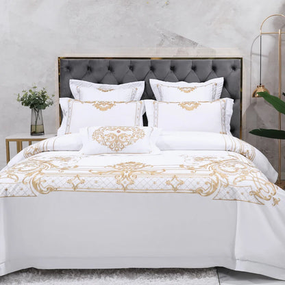 The Grand Marquise White and Gold Duvet Cover Set (Long-staple Sateen Cotton)
