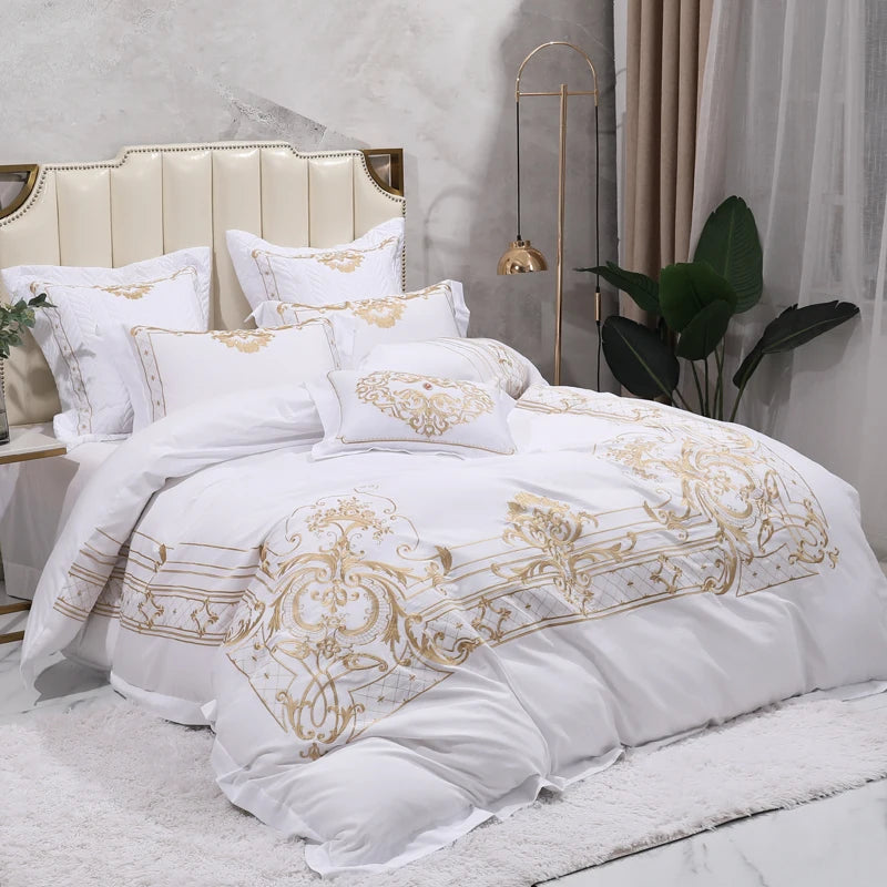 The Grand Marquise White and Gold Duvet Cover Set (Long-staple Sateen Cotton)