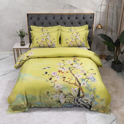 Magnolia Bloom Lime Green Duvet Cover Set (Long-staple Sateen Cotton)