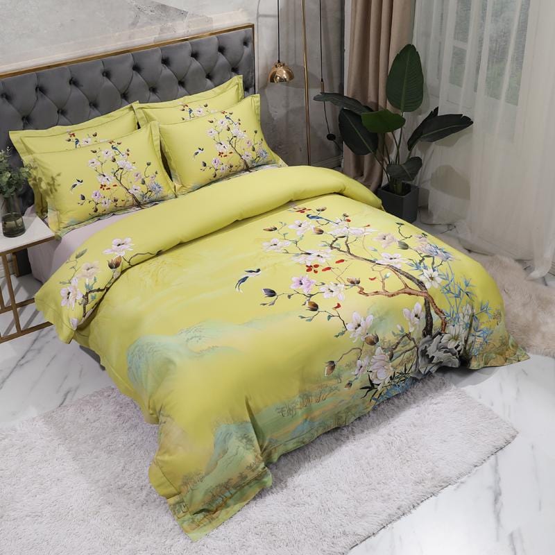 Magnolia Bloom Lime Green Duvet Cover Set (Long-staple Sateen Cotton)
