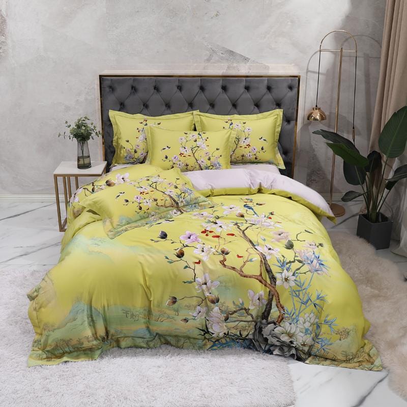 Magnolia Bloom Lime Green Duvet Cover Set (Long-staple Sateen Cotton)