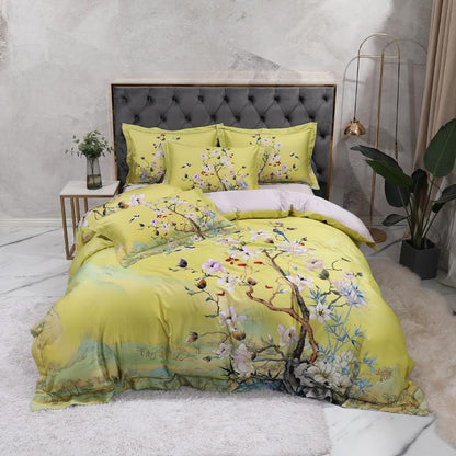 Magnolia Bloom Lime Green Duvet Cover Set (Long-staple Sateen Cotton)