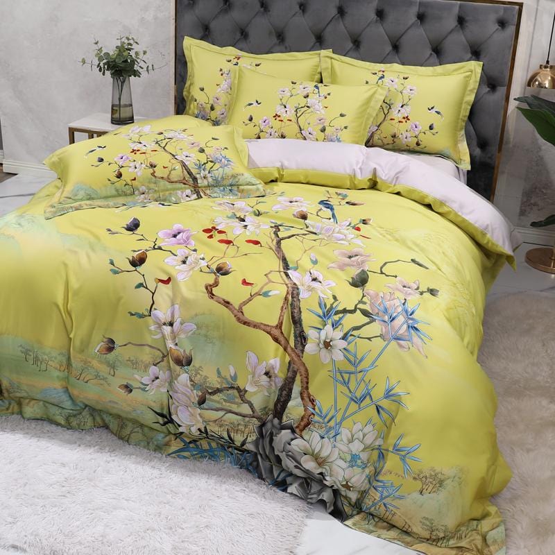 Magnolia Bloom Lime Green Duvet Cover Set (Long-staple Sateen Cotton)