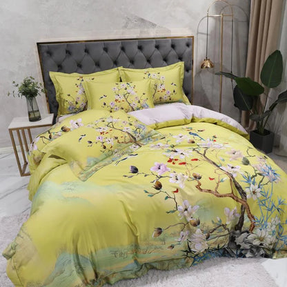 Magnolia Bloom Lime Green Duvet Cover Set (Long-staple Sateen Cotton)