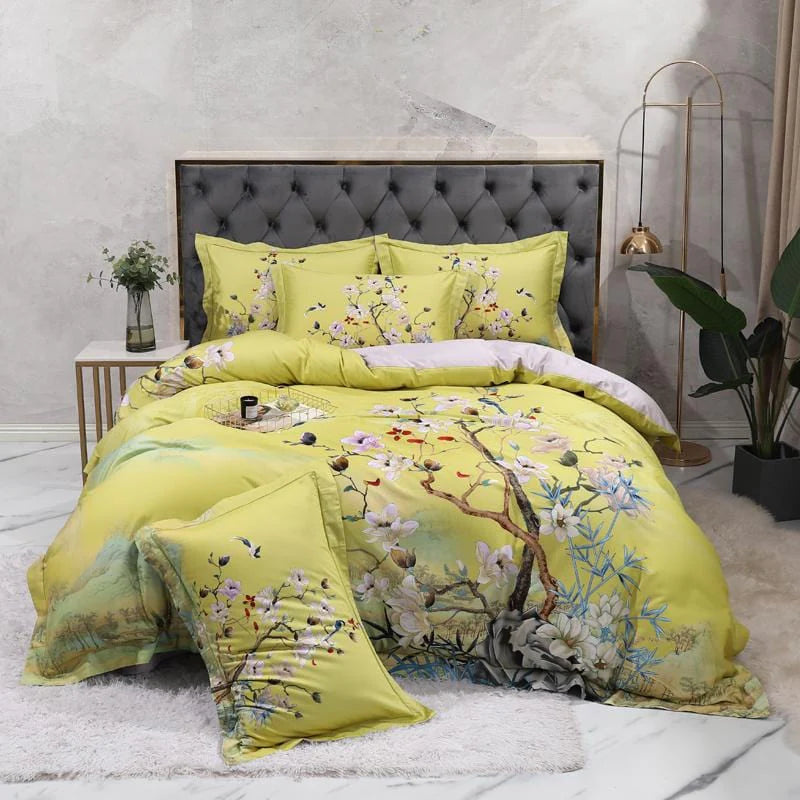 Magnolia Bloom Lime Green Duvet Cover Set (Long-staple Sateen Cotton)