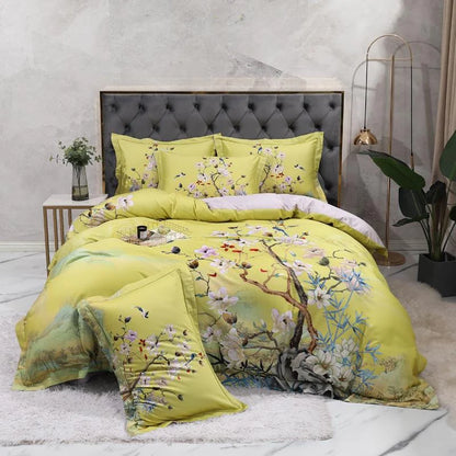 Magnolia Bloom Lime Green Duvet Cover Set (Long-staple Sateen Cotton)