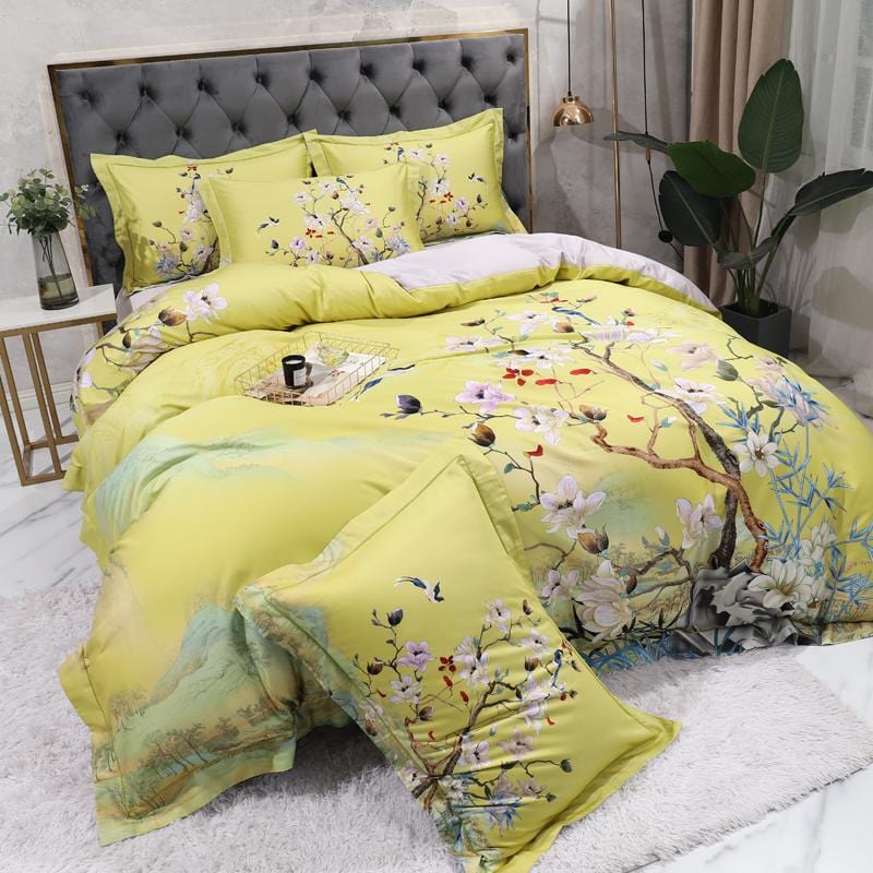 Magnolia Bloom Lime Green Duvet Cover Set (Long-staple Sateen Cotton)