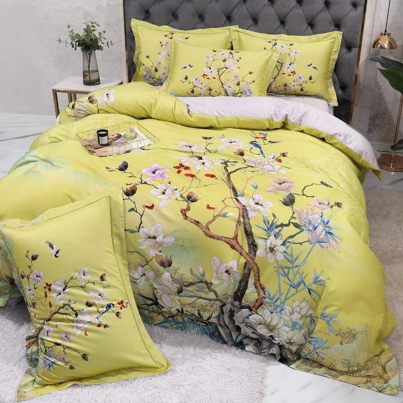Magnolia Bloom Lime Green Duvet Cover Set (Long-staple Sateen Cotton)