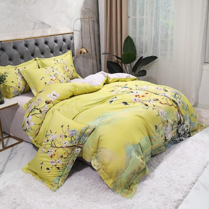 Magnolia Bloom Lime Green Duvet Cover Set (Long-staple Sateen Cotton)