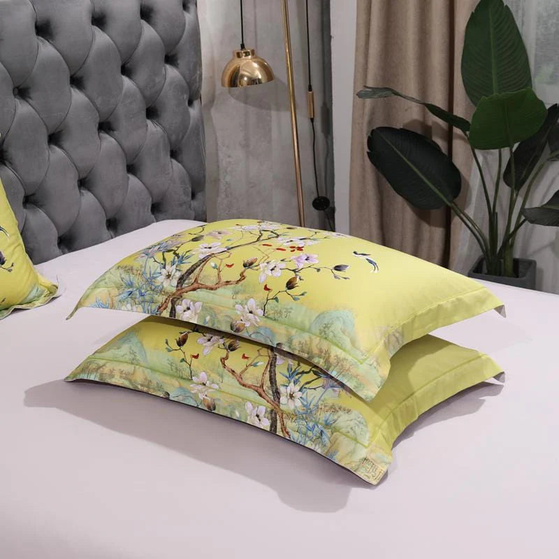 Magnolia Bloom Lime Green Duvet Cover Set (Long-staple Sateen Cotton)