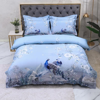 Azure Blossom & Peacock Whisper Duvet Cover Set (Long-staple Sateen Cotton)