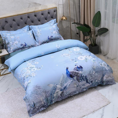 Azure Blossom & Peacock Whisper Duvet Cover Set (Long-staple Sateen Cotton)