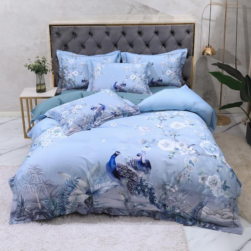 Azure Blossom & Peacock Whisper Duvet Cover Set (Long-staple Sateen Cotton)