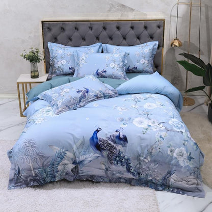 Azure Blossom & Peacock Whisper Duvet Cover Set (Long-staple Sateen Cotton)