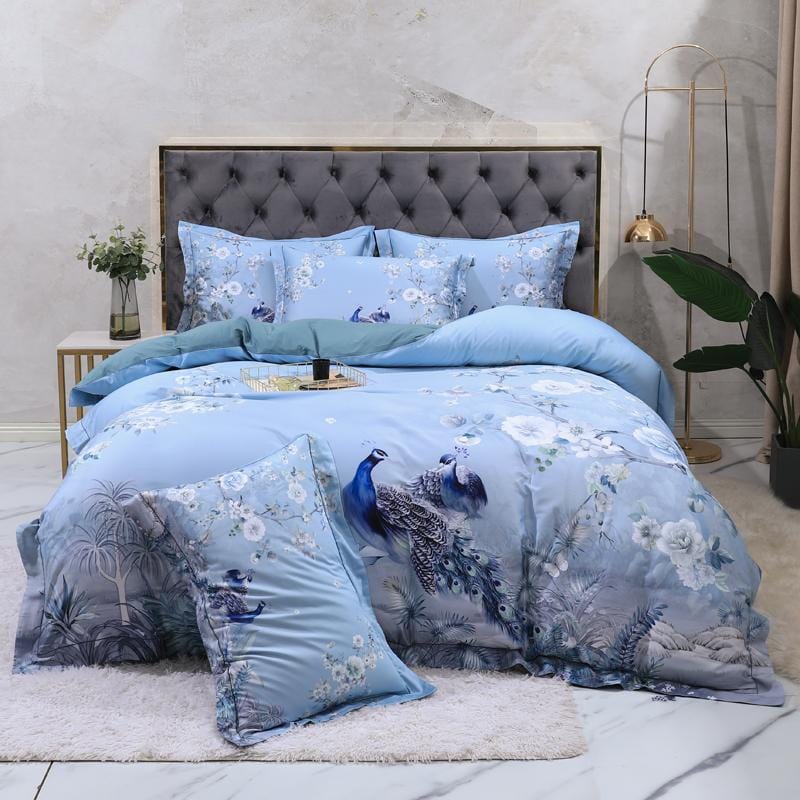Azure Blossom & Peacock Whisper Duvet Cover Set (Long-staple Sateen Cotton)