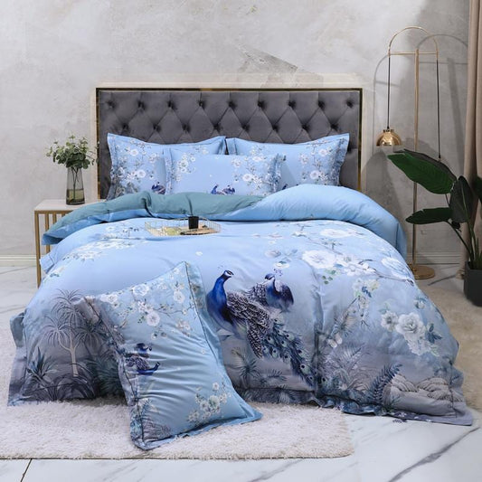 Azure Blossom & Peacock Whisper Duvet Cover Set (Long-staple Sateen Cotton)