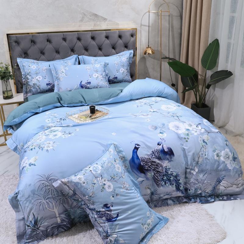 Azure Blossom & Peacock Whisper Duvet Cover Set (Long-staple Sateen Cotton)