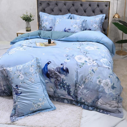 Azure Blossom & Peacock Whisper Duvet Cover Set (Long-staple Sateen Cotton)