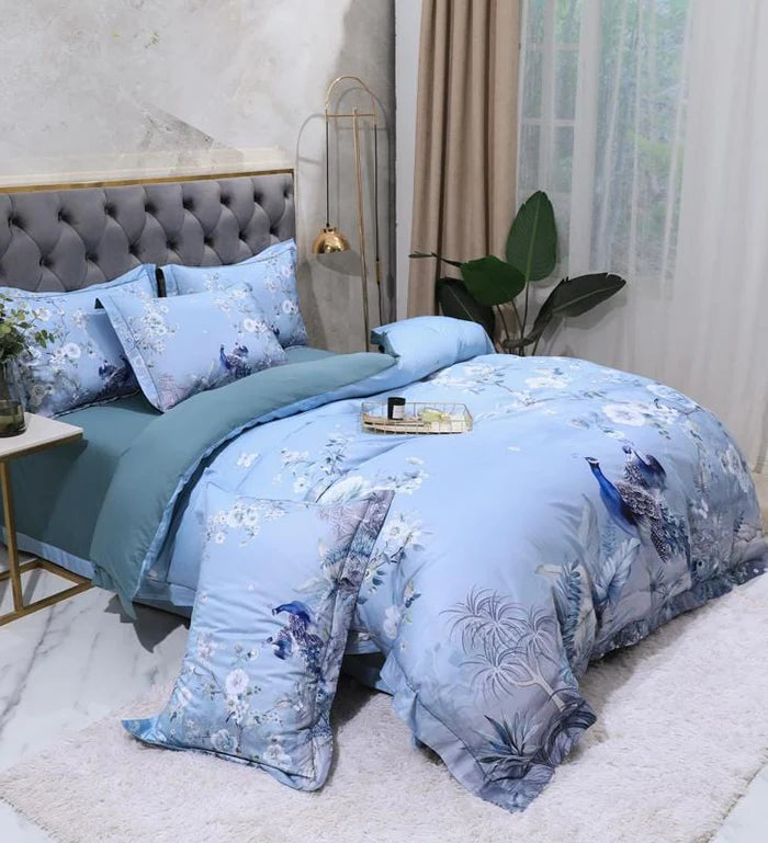 Azure Blossom & Peacock Whisper Duvet Cover Set (Long-staple Sateen Cotton)