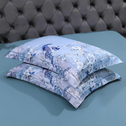Azure Blossom & Peacock Whisper Duvet Cover Set (Long-staple Sateen Cotton)