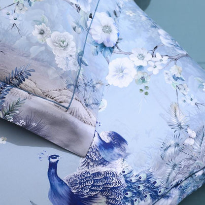 Azure Blossom & Peacock Whisper Duvet Cover Set (Long-staple Sateen Cotton)