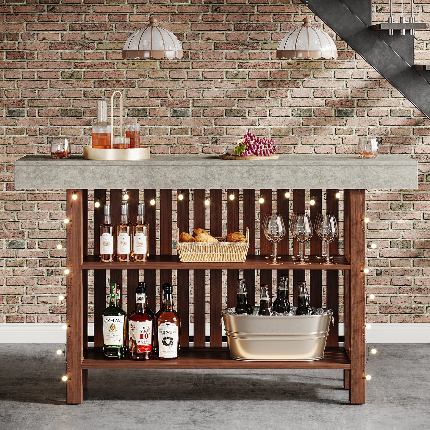 Concrete-Top Mini Bar Table with Shelves US